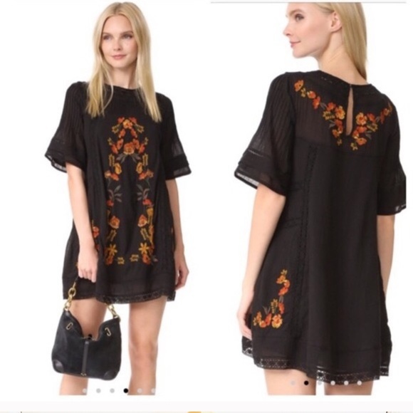 FREE PEOPLE PERFECTLY VICTORIAN EMBROIDERED FLORAL DRESS BLACK Boho Cottagecore - Picture 4 of 8